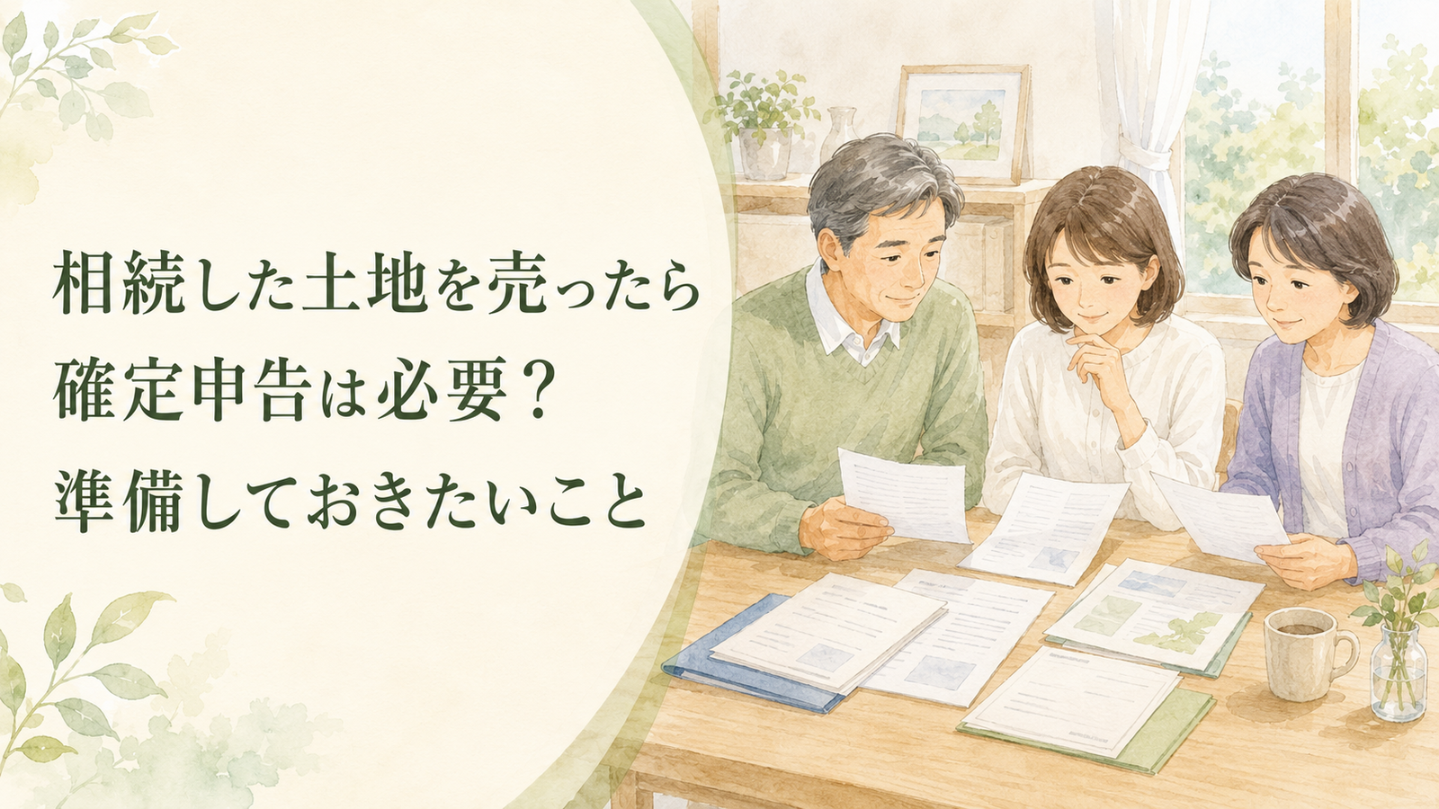相続した実家の固定資産税に関する書類を家族で確認するイラスト