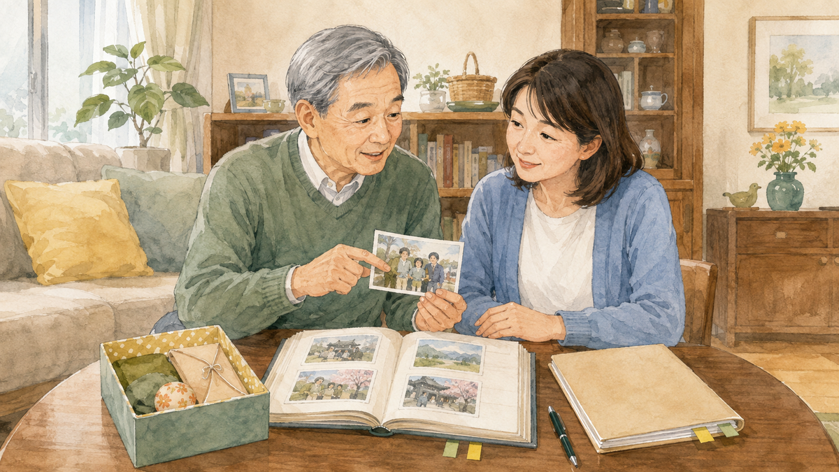 親が元気なうちに実家の片付けについて写真や書類を家族で穏やかに確認するイメージ