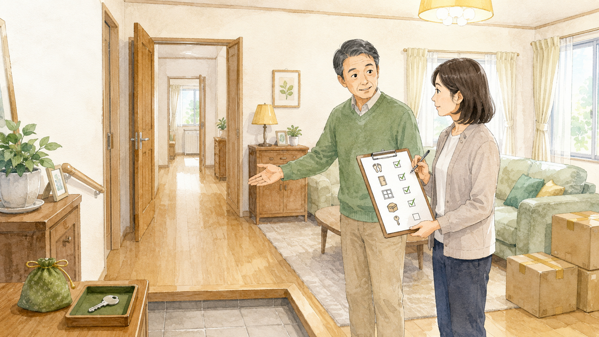 荷物が残る実家で、内覧前の通路や確認事項を整理するイメージ