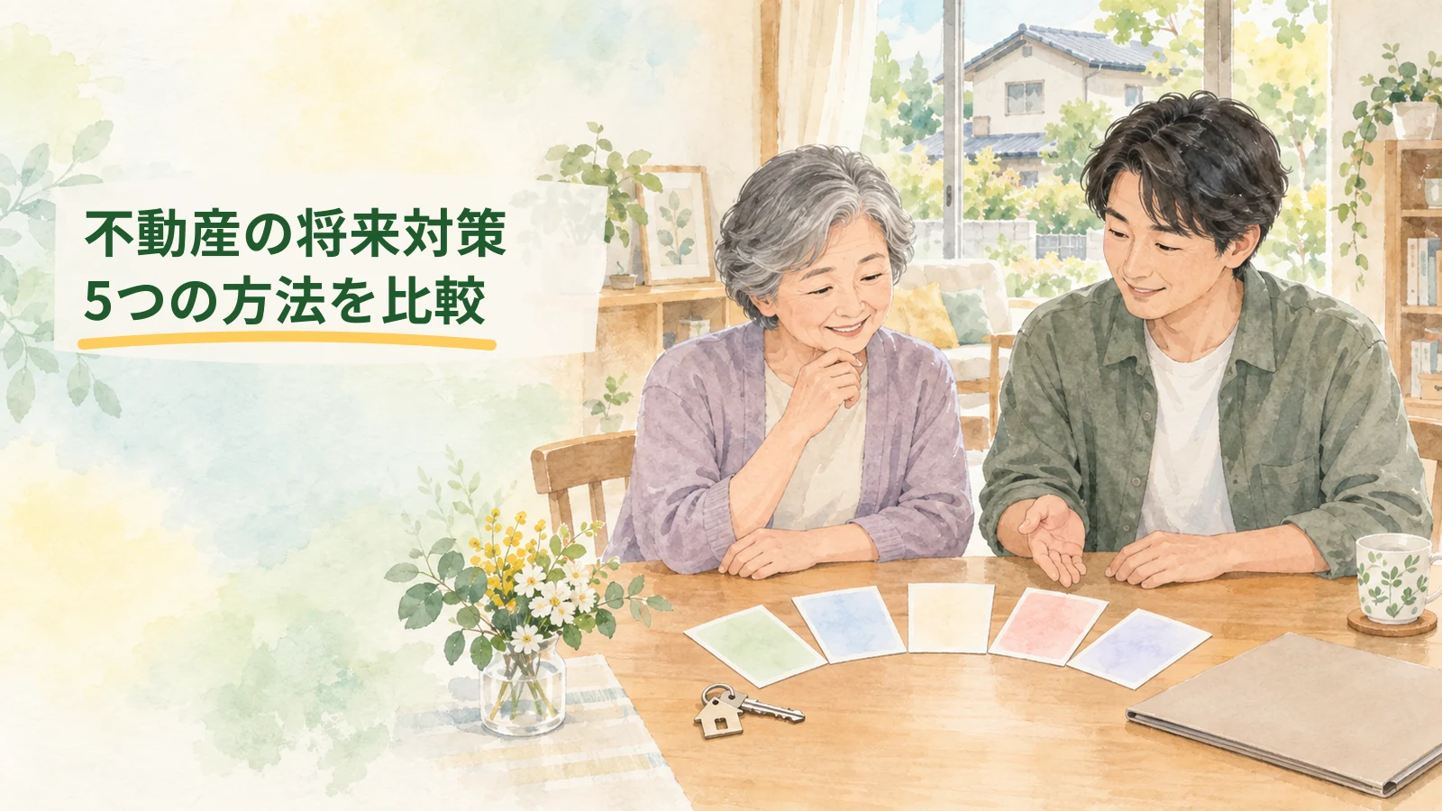 親子が実家の将来対策について5つの選択肢を穏やかに比較する水彩イラスト