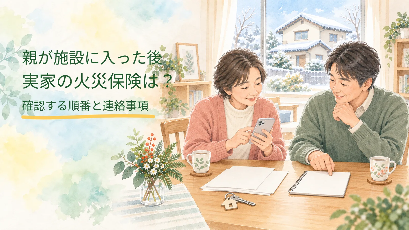 親の施設入居後、家族が実家の鍵や保険関係書類を確認し、契約先への連絡事項を整理する水彩イラスト