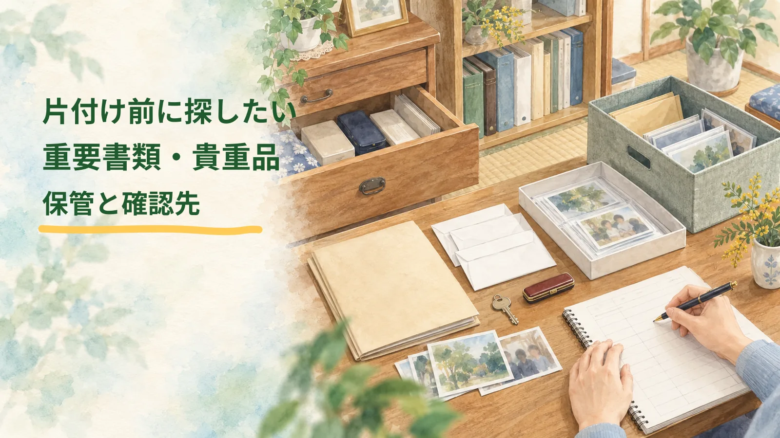 実家の片付け前に収納を確認し、見つけた重要書類や鍵の場所と状態を記録しているイラスト