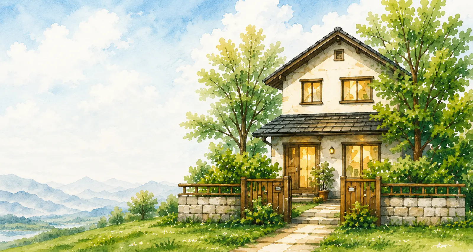 緑に囲まれた札幌近郊の実家を描いた水彩イラスト